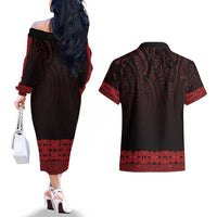 New Zealand Maori Kowhaiwhai Couples Matching Off The Shoulder Long Sleeve Dress and Hawaiian Shirt Whero Maui and Mangopare LT9 - Polynesian Pride