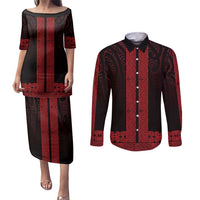 New Zealand Maori Kowhaiwhai Couples Matching Puletasi and Long Sleeve Button Shirt Whero Maui and Mangopare LT9 Red - Polynesian Pride
