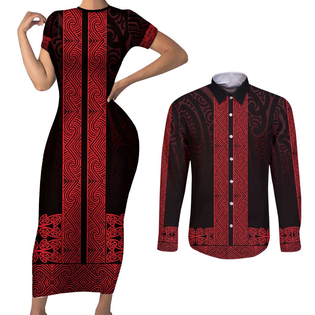 New Zealand Maori Kowhaiwhai Couples Matching Short Sleeve Bodycon Dress and Long Sleeve Button Shirt Whero Maui and Mangopare LT9 Red - Polynesian Pride