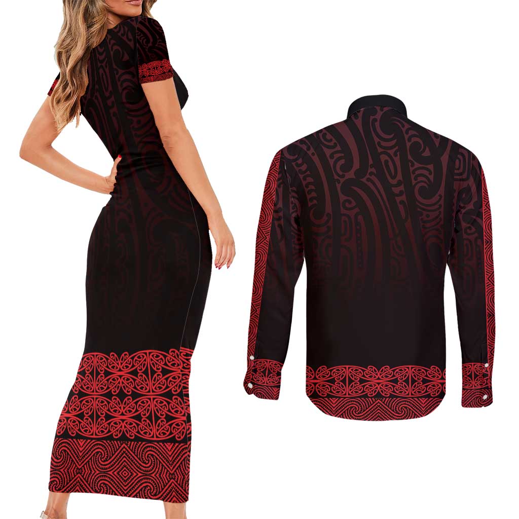 New Zealand Maori Kowhaiwhai Couples Matching Short Sleeve Bodycon Dress and Long Sleeve Button Shirt Whero Maui and Mangopare LT9 - Polynesian Pride