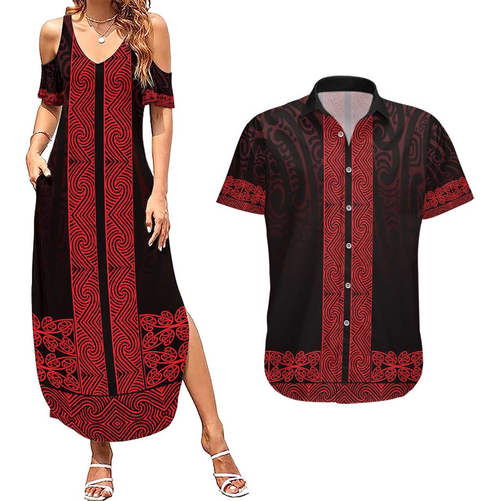 New Zealand Maori Kowhaiwhai Couples Matching Summer Maxi Dress and Hawaiian Shirt Whero Maui and Mangopare LT9 Red - Polynesian Pride
