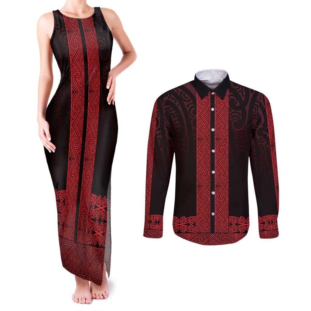 New Zealand Maori Kowhaiwhai Couples Matching Tank Maxi Dress and Long Sleeve Button Shirt Whero Maui and Mangopare LT9 Red - Polynesian Pride