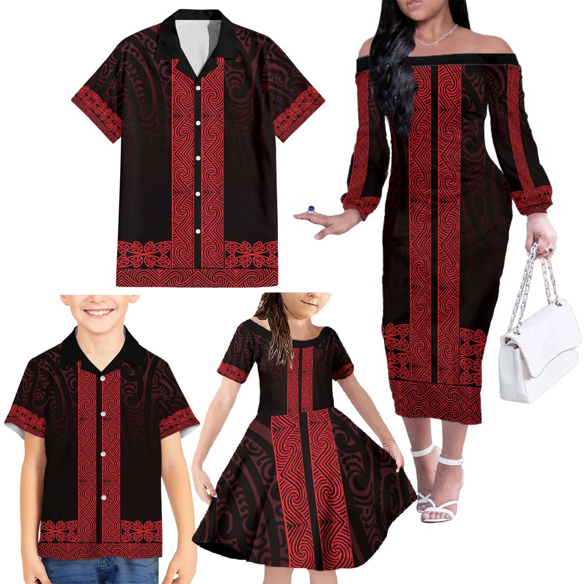 New Zealand Maori Kowhaiwhai Family Matching Off The Shoulder Long Sleeve Dress and Hawaiian Shirt Whero Maui and Mangopare LT9 - Polynesian Pride