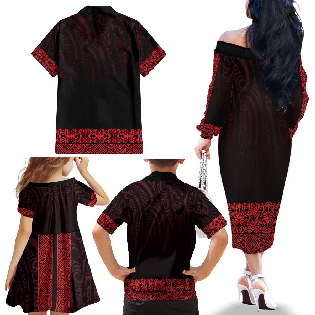 New Zealand Maori Kowhaiwhai Family Matching Off The Shoulder Long Sleeve Dress and Hawaiian Shirt Whero Maui and Mangopare LT9 - Polynesian Pride