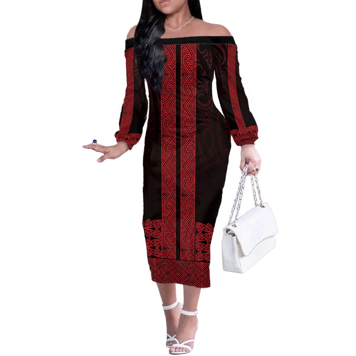 New Zealand Maori Kowhaiwhai Family Matching Off The Shoulder Long Sleeve Dress and Hawaiian Shirt Whero Maui and Mangopare LT9 Mom's Dress Red - Polynesian Pride