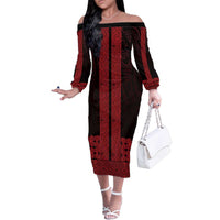 New Zealand Maori Kowhaiwhai Family Matching Off The Shoulder Long Sleeve Dress and Hawaiian Shirt Whero Maui and Mangopare LT9 Mom's Dress Red - Polynesian Pride