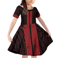 New Zealand Maori Kowhaiwhai Family Matching Off Shoulder Short Dress and Hawaiian Shirt Whero Maui and Mangopare LT9 Daughter's Dress Red - Polynesian Pride