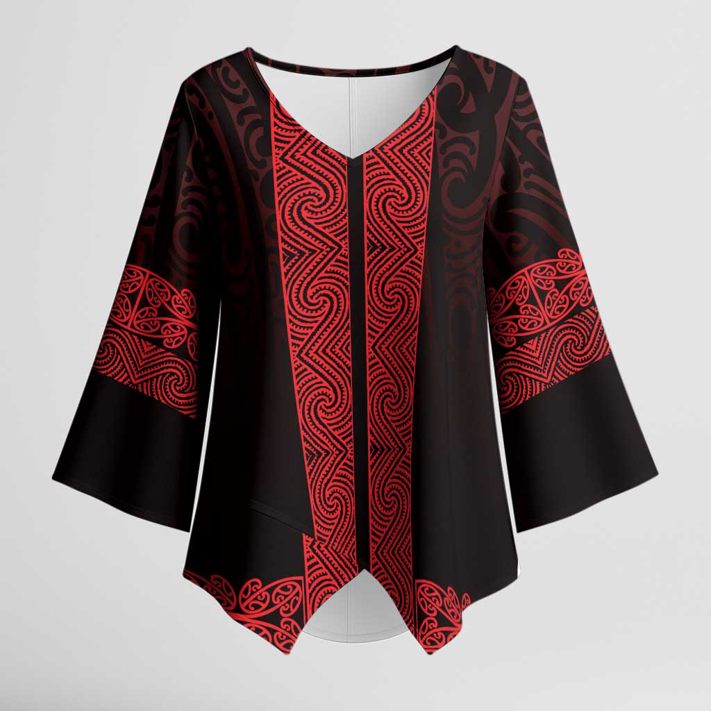 New Zealand Maori Kowhaiwhai Kimono Sleeve Blouse Whero Maui and Mangopare LT9 Female Red - Polynesian Pride