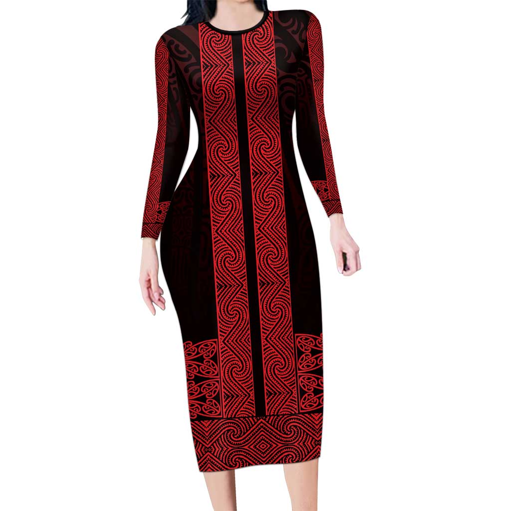 New Zealand Maori Kowhaiwhai Long Sleeve Bodycon Dress Whero Maui and Mangopare LT9 Long Dress Red - Polynesian Pride