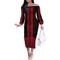 New Zealand Maori Kowhaiwhai Off The Shoulder Long Sleeve Dress Whero Maui and Mangopare LT9 Women Red - Polynesian Pride