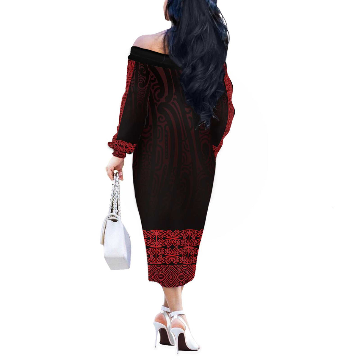 New Zealand Maori Kowhaiwhai Off The Shoulder Long Sleeve Dress Whero Maui and Mangopare LT9 - Polynesian Pride