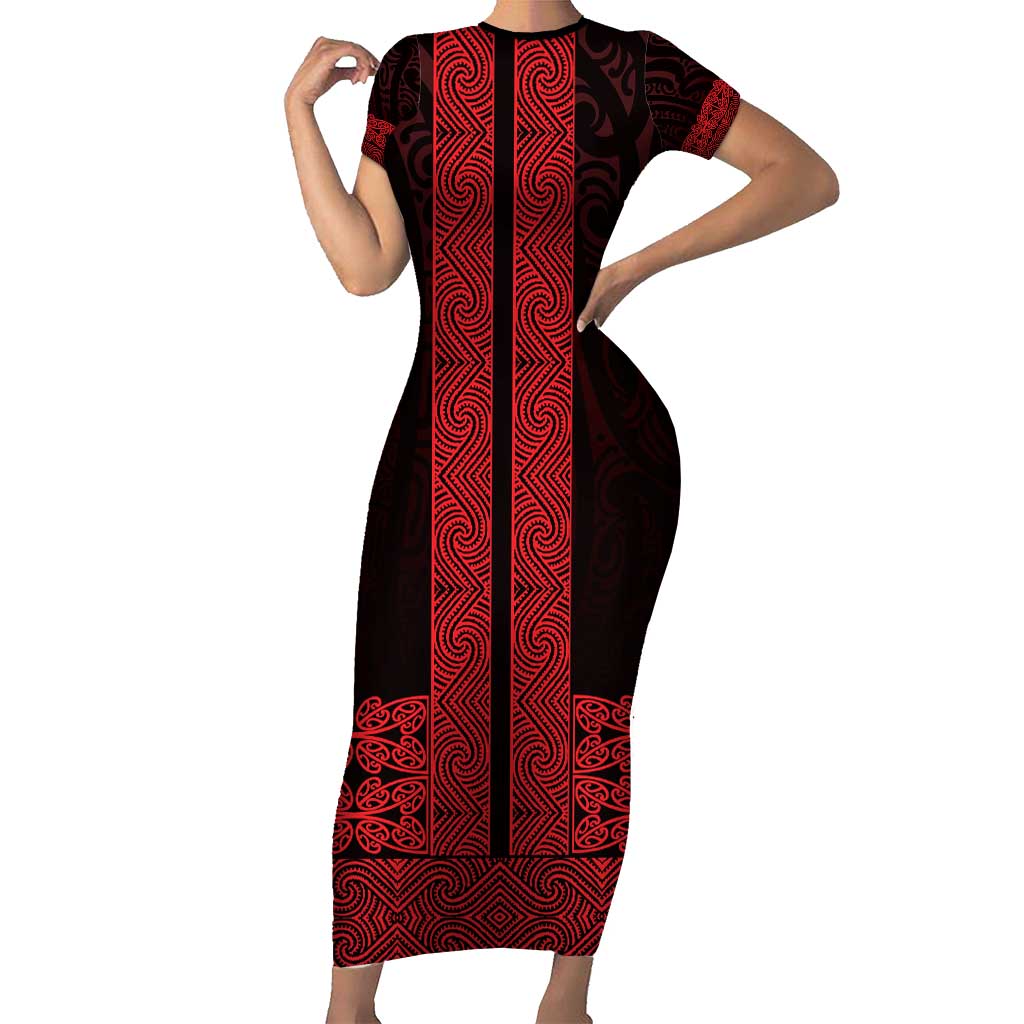 New Zealand Maori Kowhaiwhai Short Sleeve Bodycon Dress Whero Maui and Mangopare LT9 Long Dress Red - Polynesian Pride