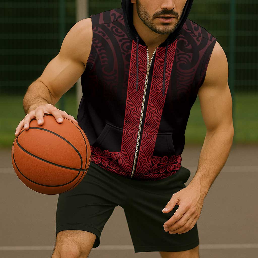 New Zealand Maori Kowhaiwhai Sleeveless Zip Hoodie Whero Maui and Mangopare - Polynesian Pride