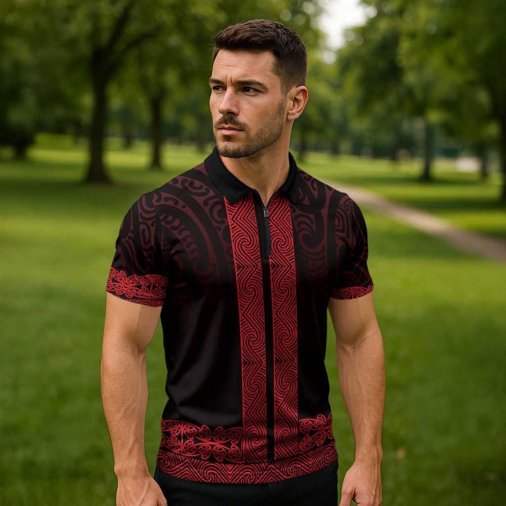 New Zealand Maori Kowhaiwhai Zipper Polo Shirt Whero Maui and Mangopare LT9 - Polynesian Pride