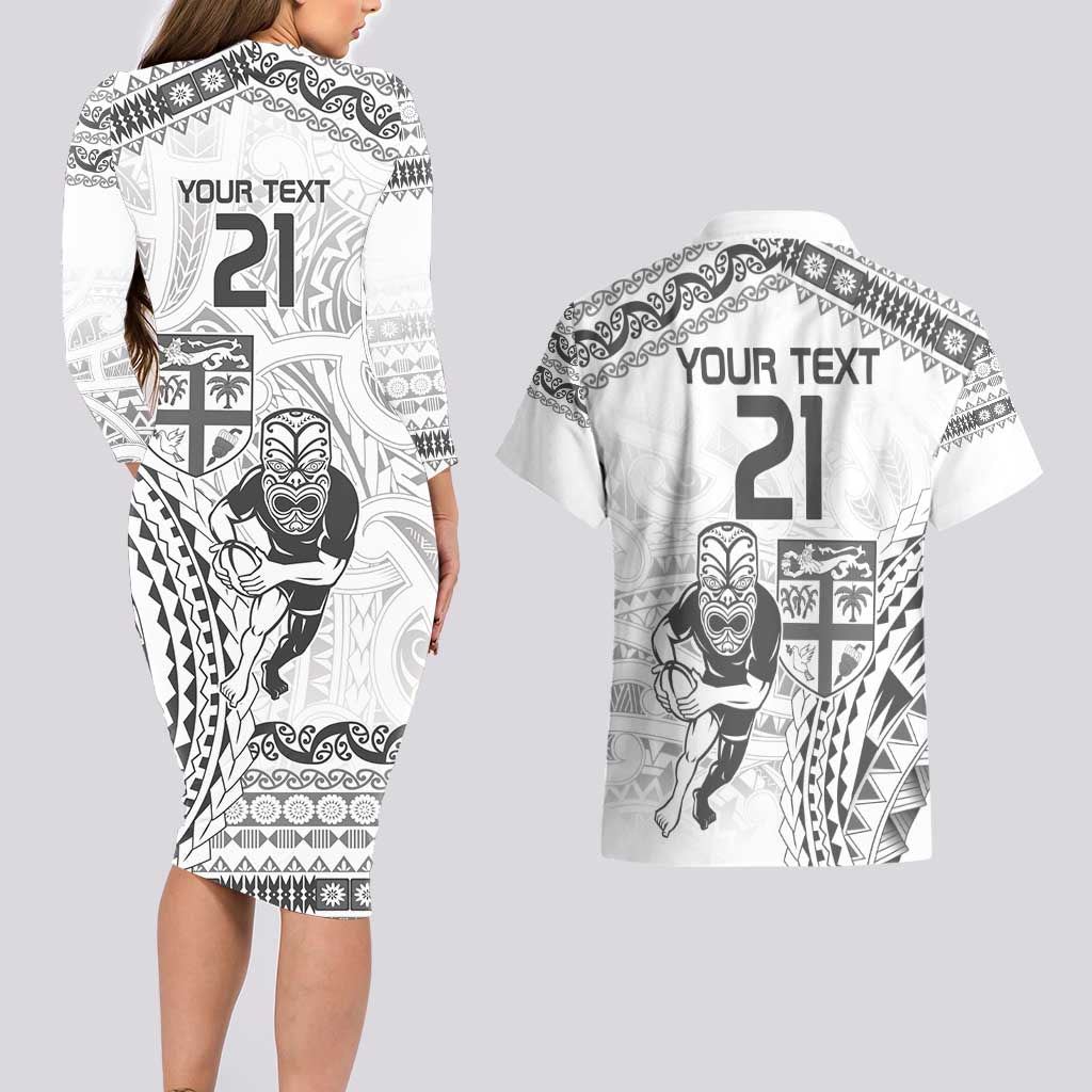 Custom Fiji Black Fern Couples Matching Long Sleeve Bodycon Dress and Hawaiian Shirt Maori Warroir with Fijian Masi Pattern LT9 - Polynesian Pride