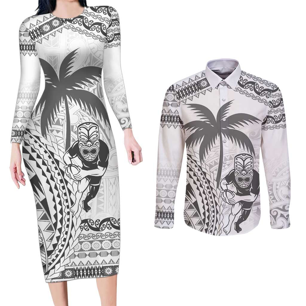 Custom Fiji Black Fern Couples Matching Long Sleeve Bodycon Dress and Long Sleeve Button Shirt Maori Warroir with Fijian Masi Pattern LT9 White - Polynesian Pride