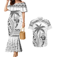 Custom Fiji Black Fern Couples Matching Mermaid Dress and Hawaiian Shirt Maori Warroir with Fijian Masi Pattern LT9 White - Polynesian Pride