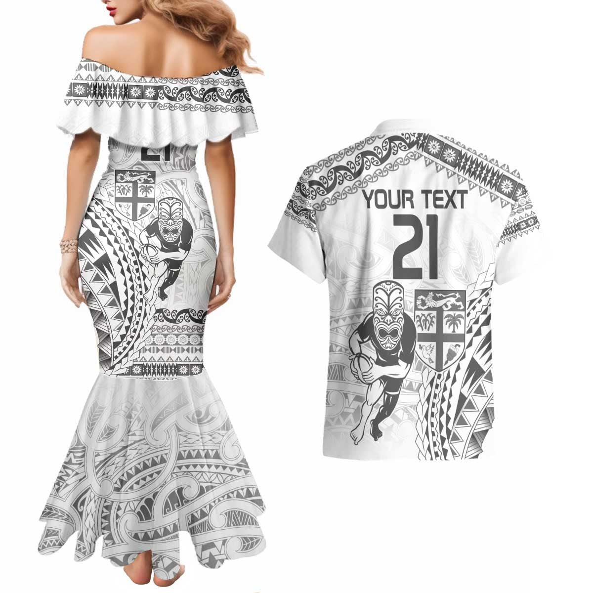 Custom Fiji Black Fern Couples Matching Mermaid Dress and Hawaiian Shirt Maori Warroir with Fijian Masi Pattern LT9 - Polynesian Pride