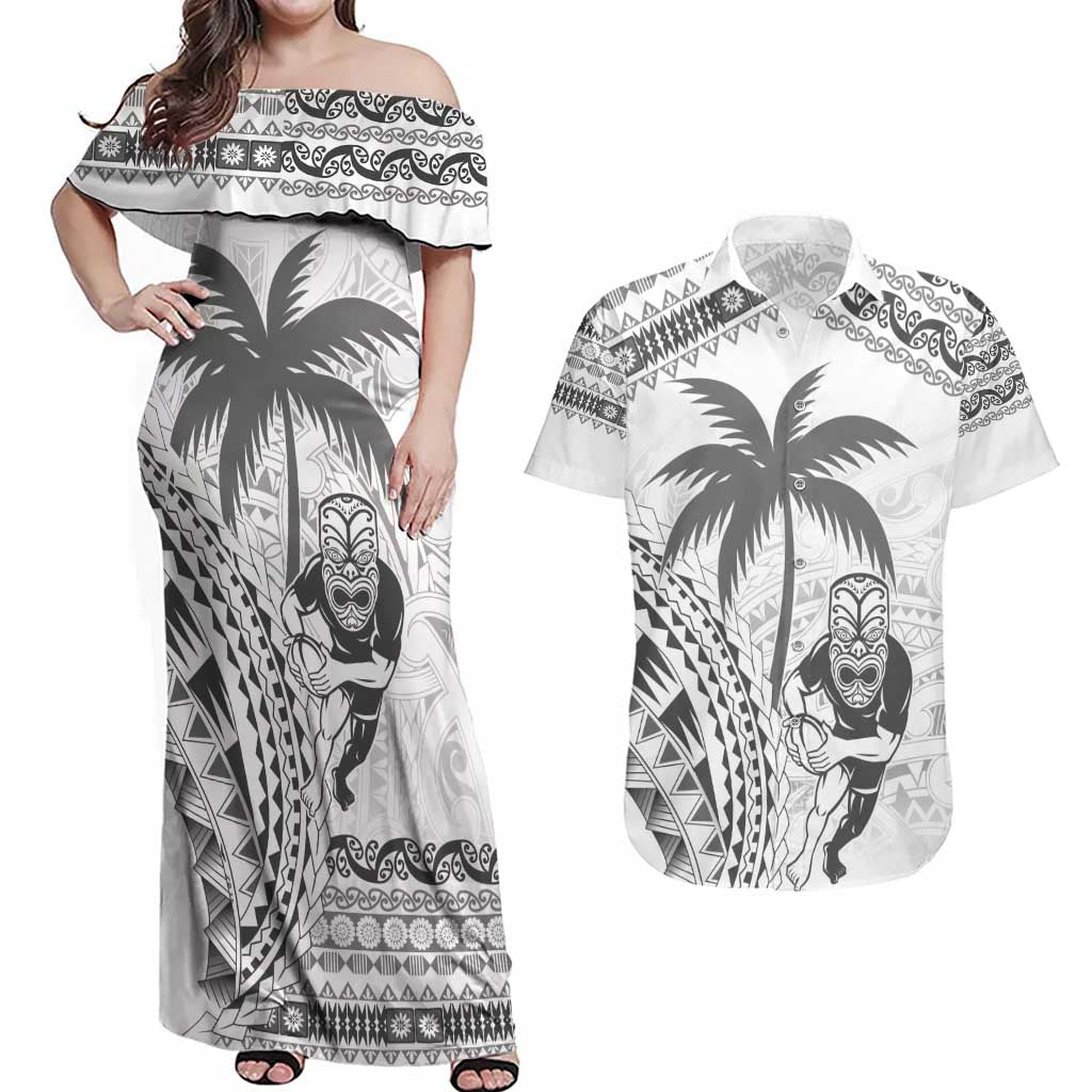 Custom Fiji Black Fern Couples Matching Off Shoulder Maxi Dress and Hawaiian Shirt Maori Warroir with Fijian Masi Pattern LT9 White - Polynesian Pride