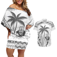 Custom Fiji Black Fern Couples Matching Off Shoulder Short Dress and Hawaiian Shirt Maori Warroir with Fijian Masi Pattern LT9 White - Polynesian Pride