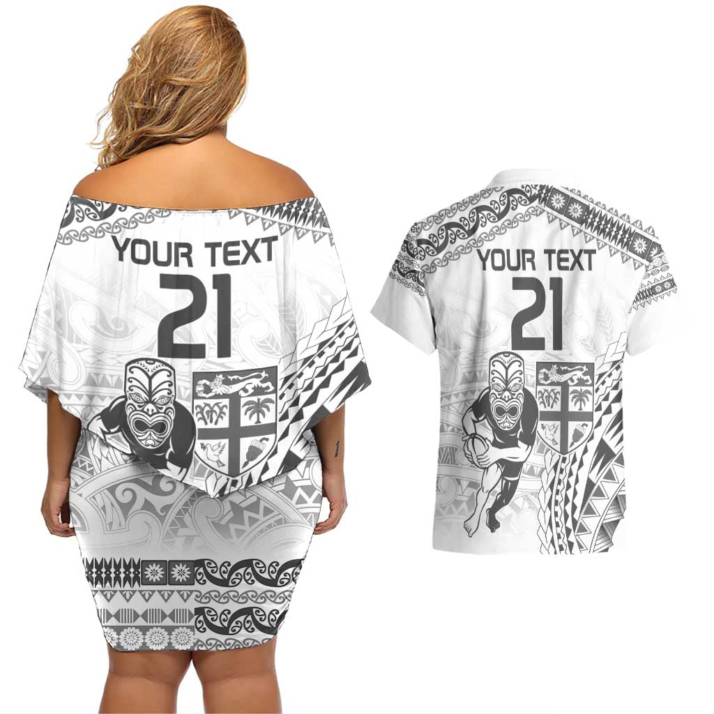 Custom Fiji Black Fern Couples Matching Off Shoulder Short Dress and Hawaiian Shirt Maori Warroir with Fijian Masi Pattern LT9 - Polynesian Pride