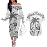 Custom Fiji Black Fern Couples Matching Off The Shoulder Long Sleeve Dress and Hawaiian Shirt Maori Warroir with Fijian Masi Pattern LT9 White - Polynesian Pride
