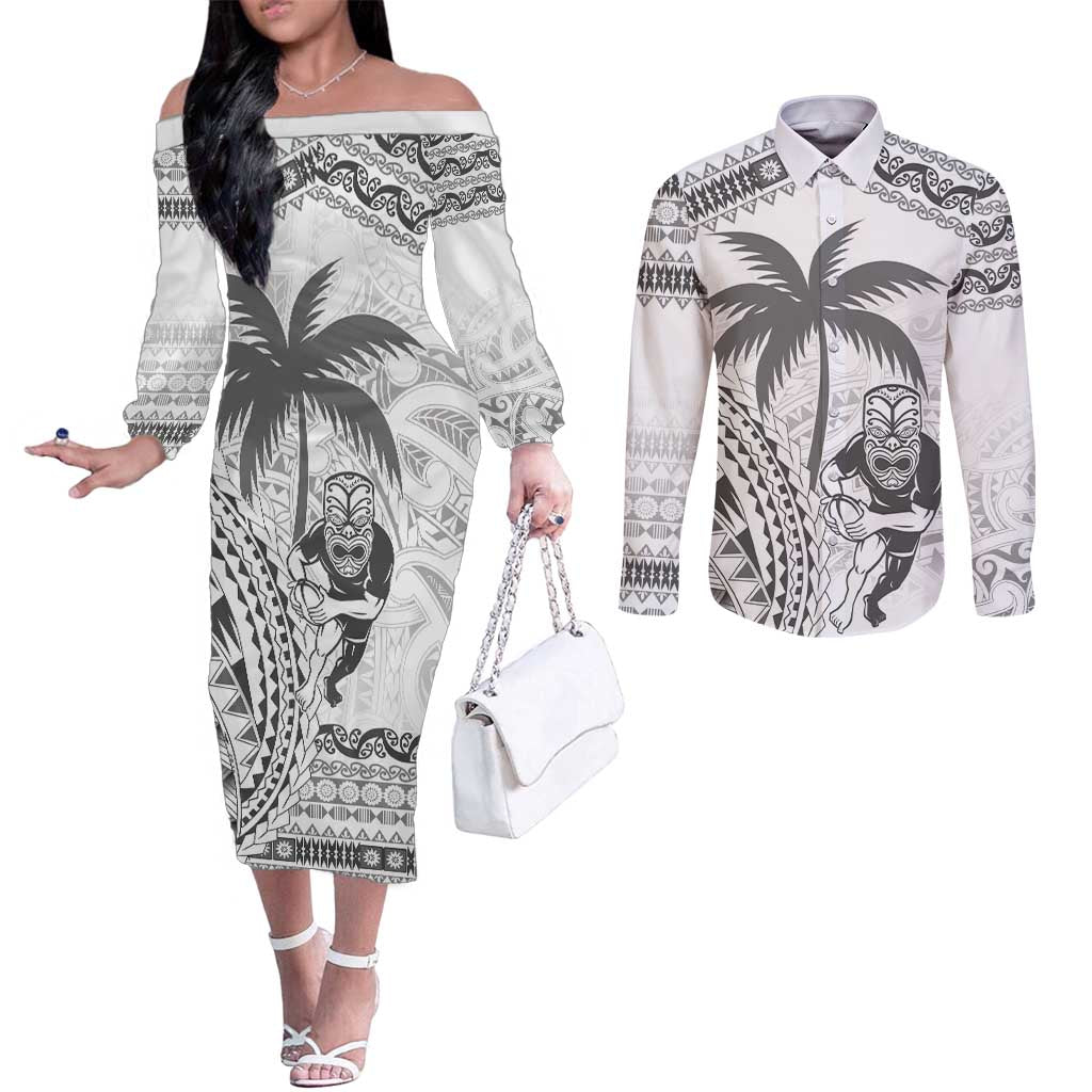 Custom Fiji Black Fern Couples Matching Off The Shoulder Long Sleeve Dress and Long Sleeve Button Shirt Maori Warroir with Fijian Masi Pattern LT9 White - Polynesian Pride