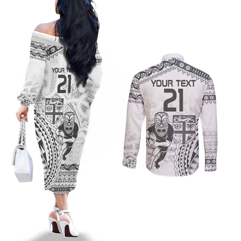 Custom Fiji Black Fern Couples Matching Off The Shoulder Long Sleeve Dress and Long Sleeve Button Shirt Maori Warroir with Fijian Masi Pattern LT9 - Polynesian Pride