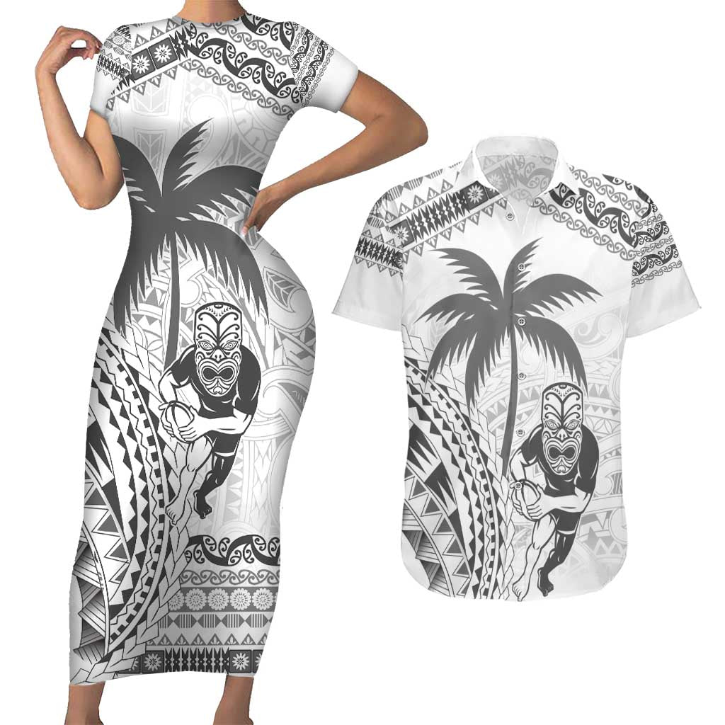 Custom Fiji Black Fern Couples Matching Short Sleeve Bodycon Dress and Hawaiian Shirt Maori Warroir with Fijian Masi Pattern LT9 White - Polynesian Pride