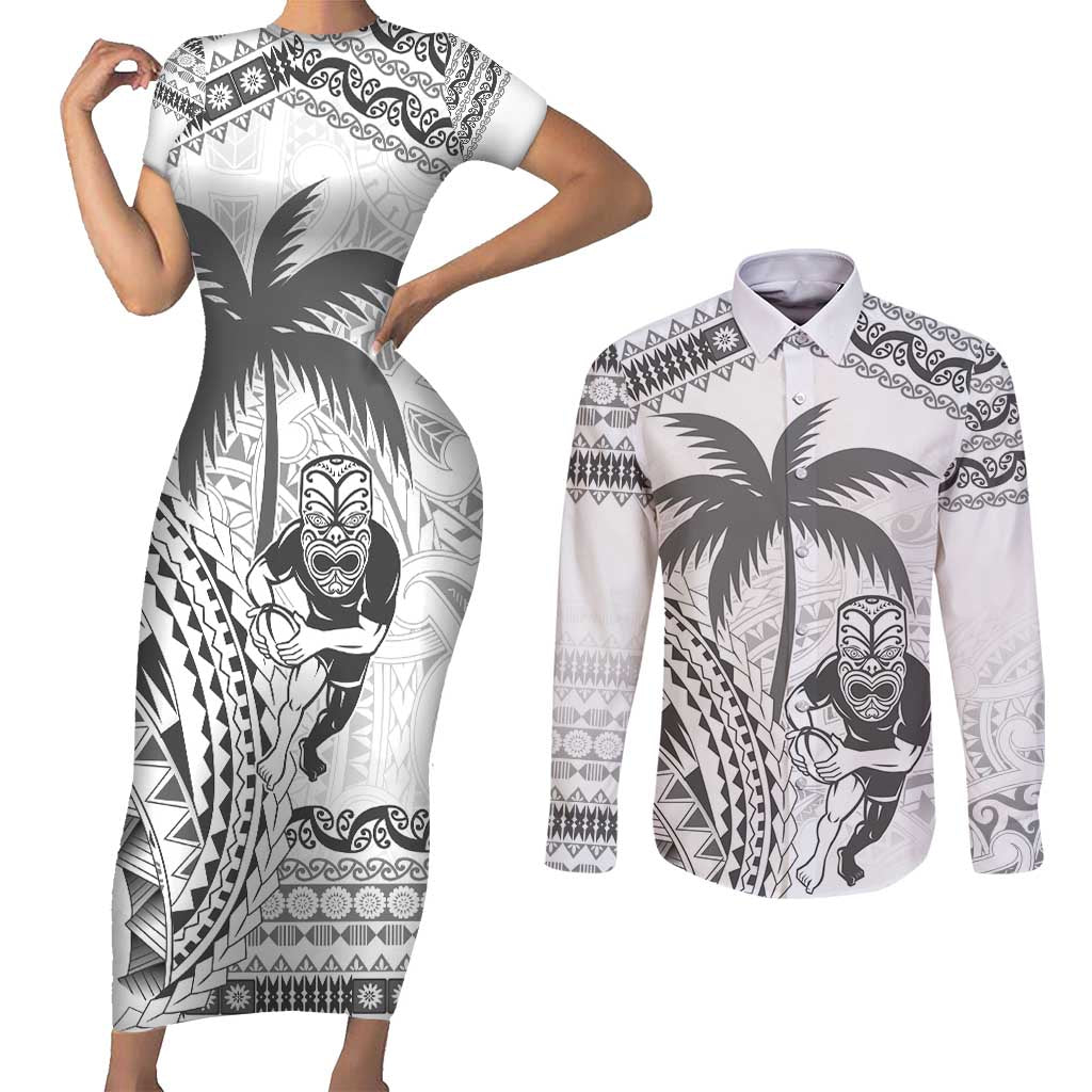 Custom Fiji Black Fern Couples Matching Short Sleeve Bodycon Dress and Long Sleeve Button Shirt Maori Warroir with Fijian Masi Pattern LT9 White - Polynesian Pride