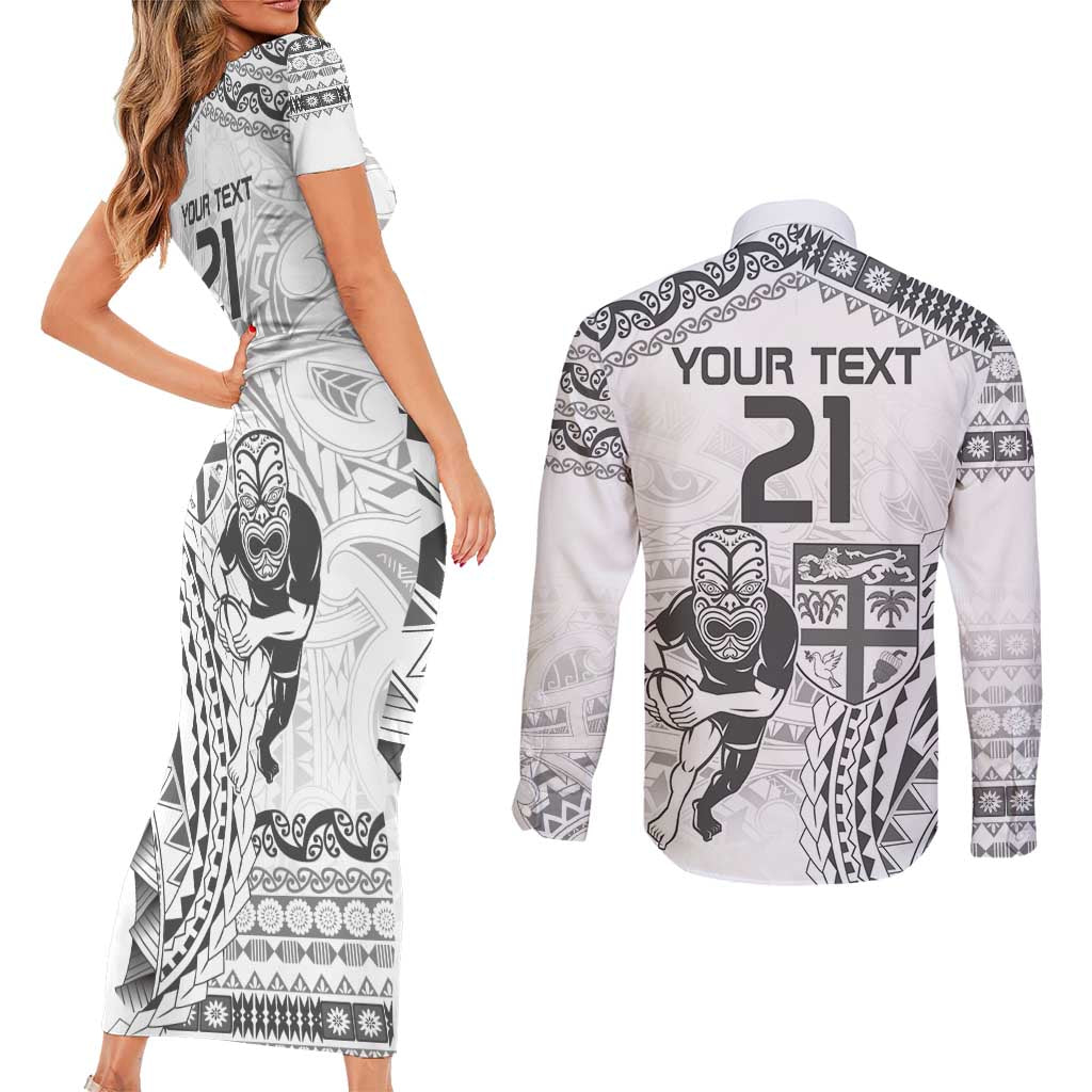 Custom Fiji Black Fern Couples Matching Short Sleeve Bodycon Dress and Long Sleeve Button Shirt Maori Warroir with Fijian Masi Pattern LT9 - Polynesian Pride