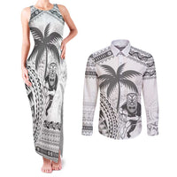 Custom Fiji Black Fern Couples Matching Tank Maxi Dress and Long Sleeve Button Shirt Maori Warroir with Fijian Masi Pattern LT9 White - Polynesian Pride