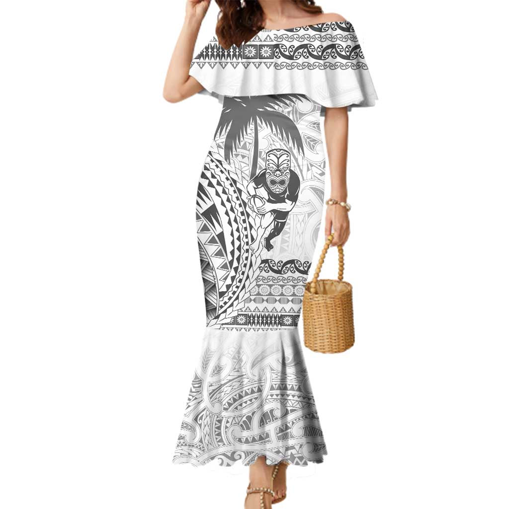Custom Fiji Black Fern Family Matching Mermaid Dress and Hawaiian Shirt Maori Warroir with Fijian Masi Pattern LT9 Mom's Dress White - Polynesian Pride