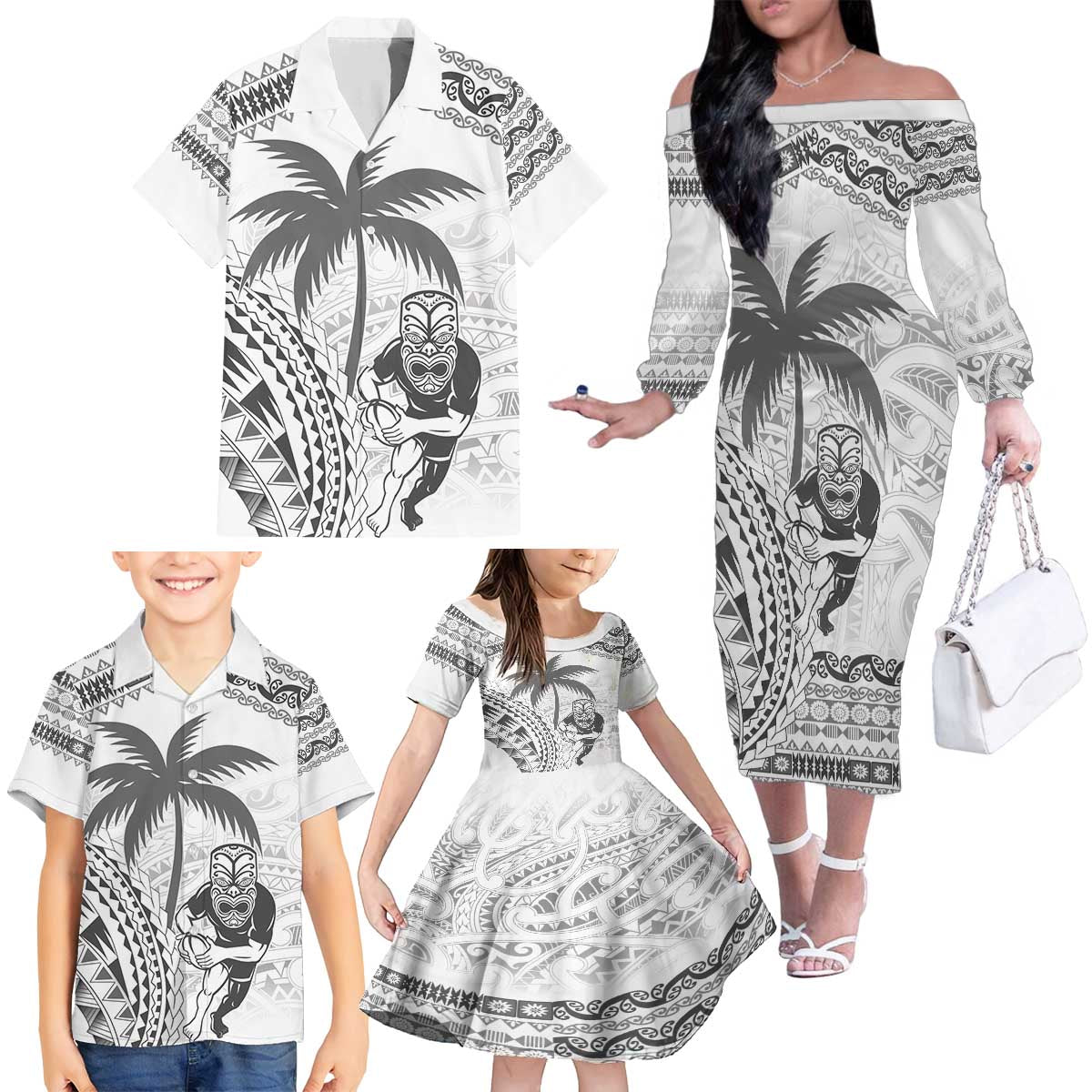 Custom Fiji Black Fern Family Matching Off The Shoulder Long Sleeve Dress and Hawaiian Shirt Maori Warroir with Fijian Masi Pattern LT9 - Polynesian Pride
