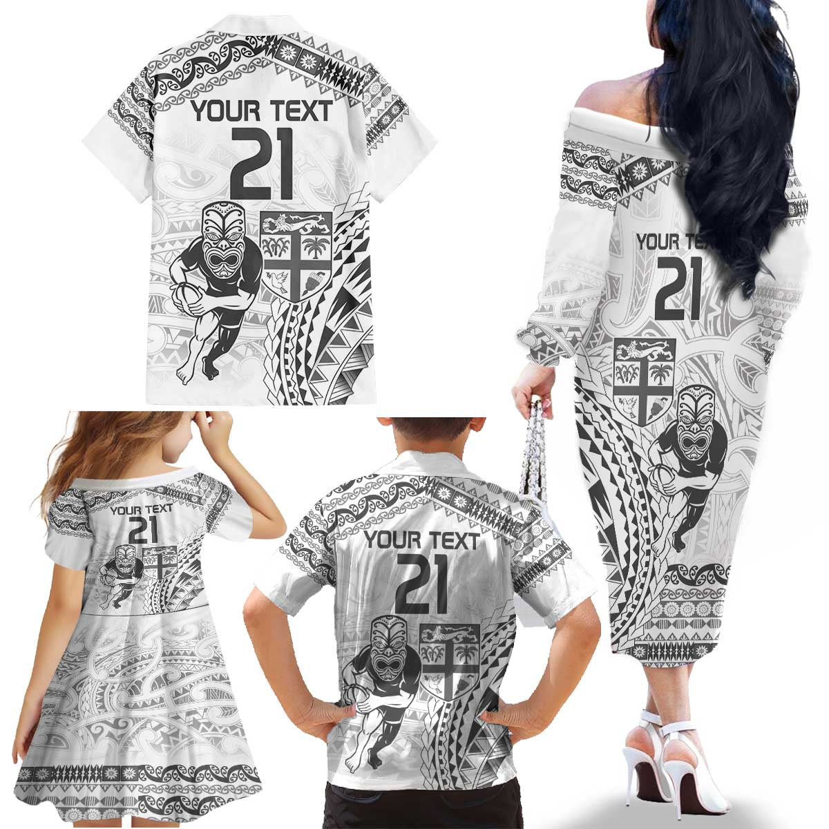 Custom Fiji Black Fern Family Matching Off The Shoulder Long Sleeve Dress and Hawaiian Shirt Maori Warroir with Fijian Masi Pattern LT9 - Polynesian Pride