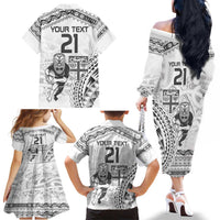 Custom Fiji Black Fern Family Matching Off The Shoulder Long Sleeve Dress and Hawaiian Shirt Maori Warroir with Fijian Masi Pattern LT9 - Polynesian Pride