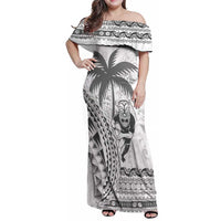 Custom Fiji Black Fern Family Matching Off Shoulder Maxi Dress and Hawaiian Shirt Maori Warroir with Fijian Masi Pattern LT9 Mom's Dress White - Polynesian Pride