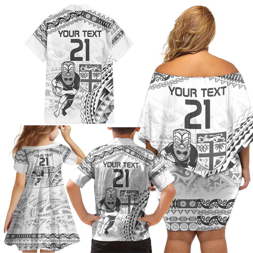 Custom Fiji Black Fern Family Matching Off Shoulder Short Dress and Hawaiian Shirt Maori Warroir with Fijian Masi Pattern LT9 - Polynesian Pride