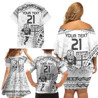 Custom Fiji Black Fern Family Matching Off Shoulder Short Dress and Hawaiian Shirt Maori Warroir with Fijian Masi Pattern LT9 - Polynesian Pride