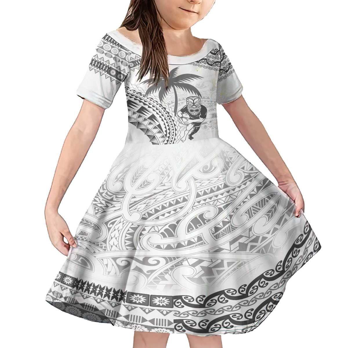 Custom Fiji Black Fern Family Matching Puletasi and Hawaiian Shirt Maori Warroir with Fijian Masi Pattern LT9 Daughter's Dress White - Polynesian Pride