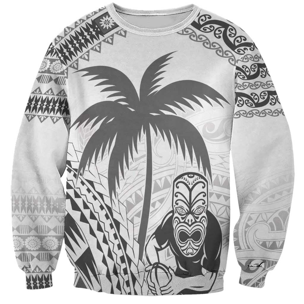 Custom Fiji Black Fern Sweatshirt Maori Warroir with Fijian Masi Pattern LT9 Unisex White - Polynesian Pride