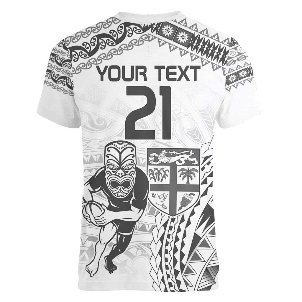 Custom Fiji Black Fern Women V-Neck T-Shirt Maori Warroir with Fijian Masi Pattern LT9 - Polynesian Pride