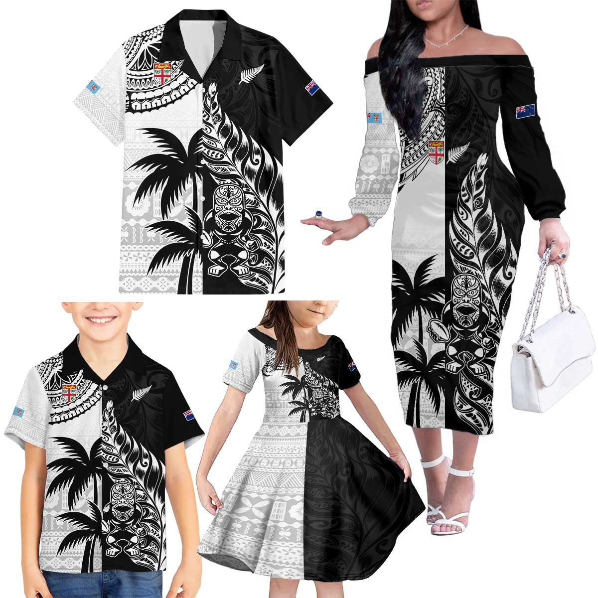Custom Fiji New Zealand Family Matching Off The Shoulder Long Sleeve Dress and Hawaiian Shirt Maori mix Tapa Pattern Version LT9 - Polynesian Pride