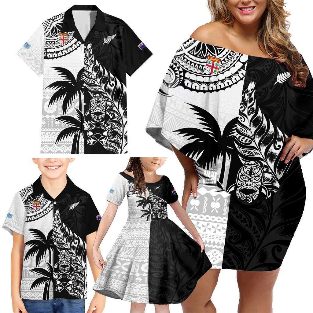 Custom Fiji New Zealand Family Matching Off Shoulder Short Dress and Hawaiian Shirt Maori mix Tapa Pattern Version LT9 - Polynesian Pride