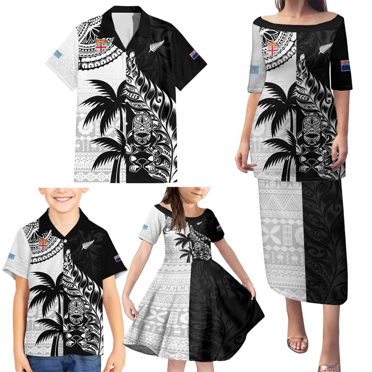 Custom Fiji New Zealand Family Matching Puletasi and Hawaiian Shirt Maori mix Tapa Pattern Version LT9 - Polynesian Pride