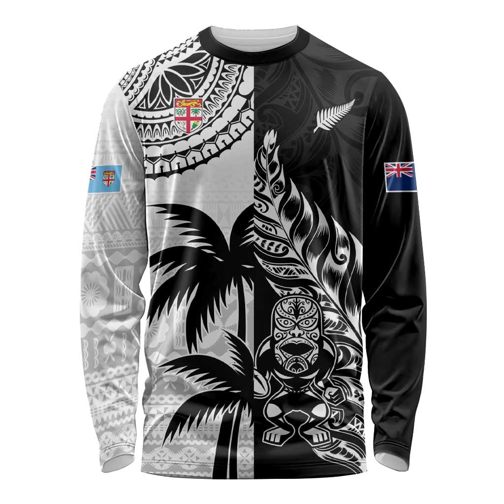 Custom Fiji New Zealand Long Sleeve Shirt Maori mix Tapa Pattern Version LT9 Unisex Black - Polynesian Pride