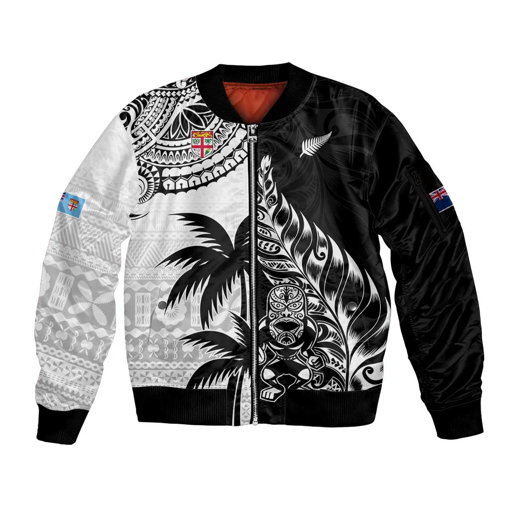 Custom Fiji New Zealand Sleeve Zip Bomber Jacket Maori mix Tapa Pattern Version LT9 Unisex Black - Polynesian Pride