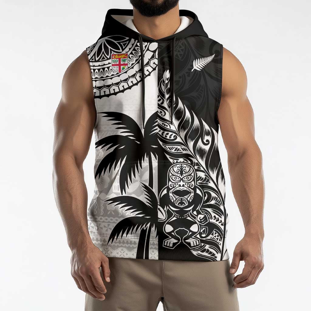 Fiji New Zealand Rugby Personalised Sleeveless Hoodie Maori and Tapa Pattern - Polynesian Pride