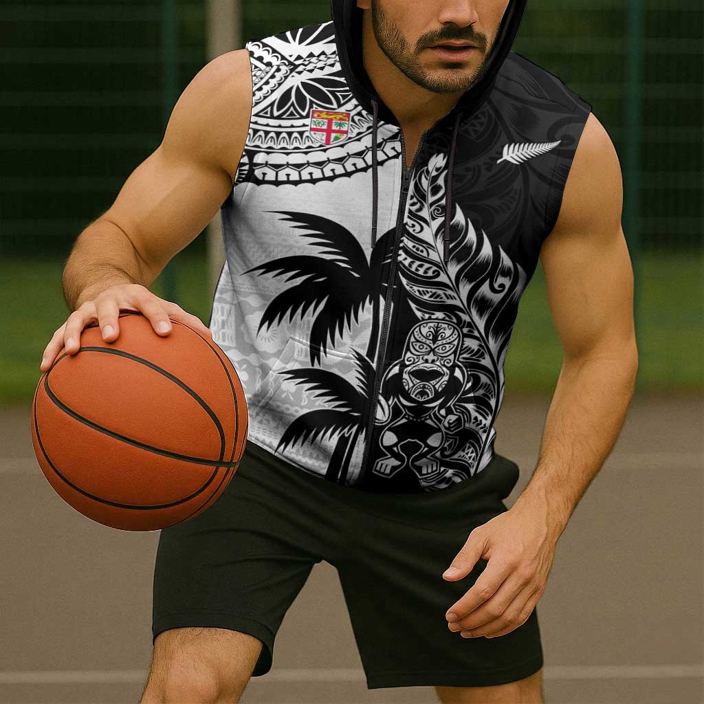 Fiji New Zealand Rugby Personalised Sleeveless Zip Hoodie Maori and Tapa Pattern - Polynesian Pride