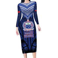 Custom Manu Samoa Sevens Rugby Family Matching Long Sleeve Bodycon Dress and Hawaiian Shirt Samoan Tribal Tattoo LT9 Mom's Dress Blue - Polynesian Pride